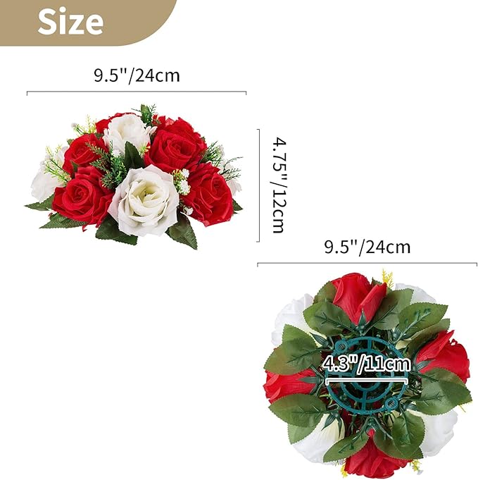 NUPTIO Pcs of 10 Fake Flower Ball Arrangement Bouquet,15 Heads Plastic Roses with Base, Suitable for Our Store's Wedding Centerpiece Flower Rack for Parties Valentine's Day Home Décor (Red & White)
