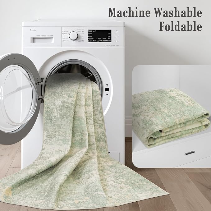 2x5 Washable Runner Rug：Modern Abstract Soft Carpet Green Cream | - Image 6