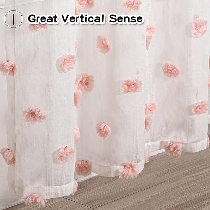 MYSKY HOME Pink Curtains 84 Inch Length for Bedroom Window Panels Pom Pom White Sheer Curtains 84 Inch Long for Living Room Nursery Girls Kids Room Rod Pocket Playroom Dining Room Set of 2 37 x 84 in