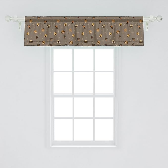 Ambesonne Dog Lover Window Valance Pack of 2, Repetitive Pattern of Pet Heads Paw Prints and Bones, Rod Pocket Curtain Valances for Kitchen Bedroom, 42" X 12", Taupe