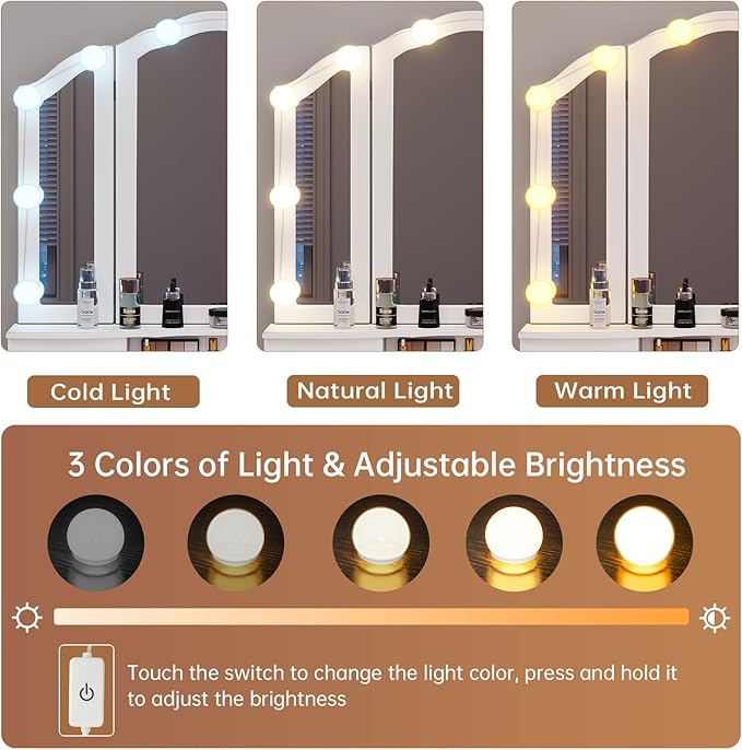 Tiptiper Vanity Table Set with Lighted Tri-Folding Mirror, Makeup Vanity with Lights & 3 Color Lighting Modes, Vanity Desk with Mirror and Cushioned Stool, Makeup Table with 5 Drawers, White