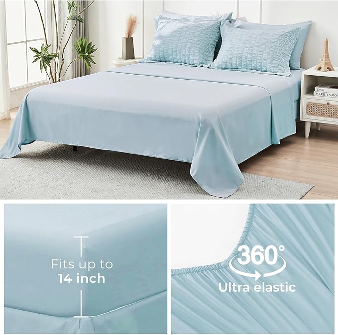 HYMOKEGE Lake Blue King Size Comforter Set Seersucker 7 Pieces, All Season Luxury Bed in a Bag for Bedroom, Bedding Set with Comforters, Sheets, Pillowcases & Shams