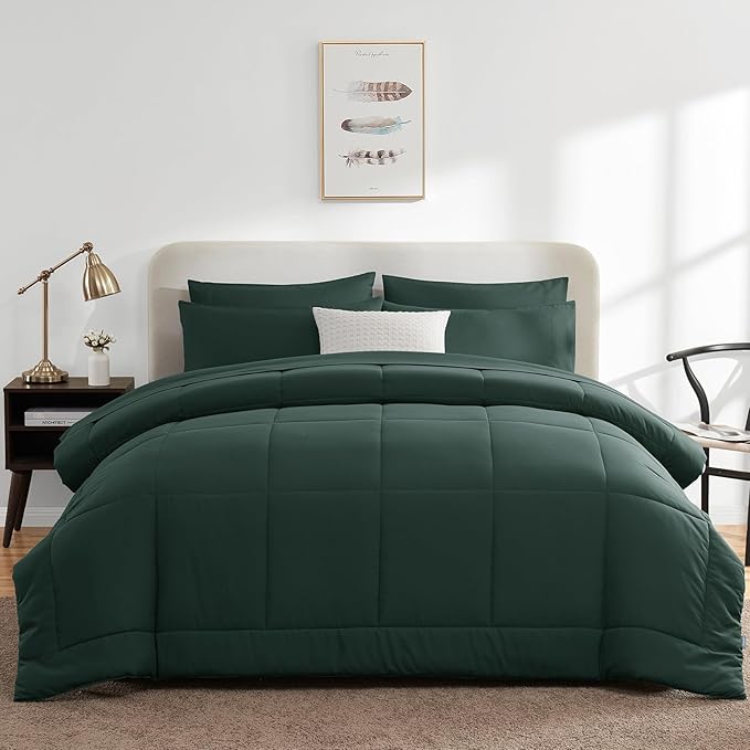 CozyLux Queen Comforter Set Forest Green, 7 Pieces Bed in a Bag, Green Comforter Queen Size, All Season Bedding Sets with Stitch Quilted Comforter, Flat Sheet, Fitted Sheet, Pillowcases