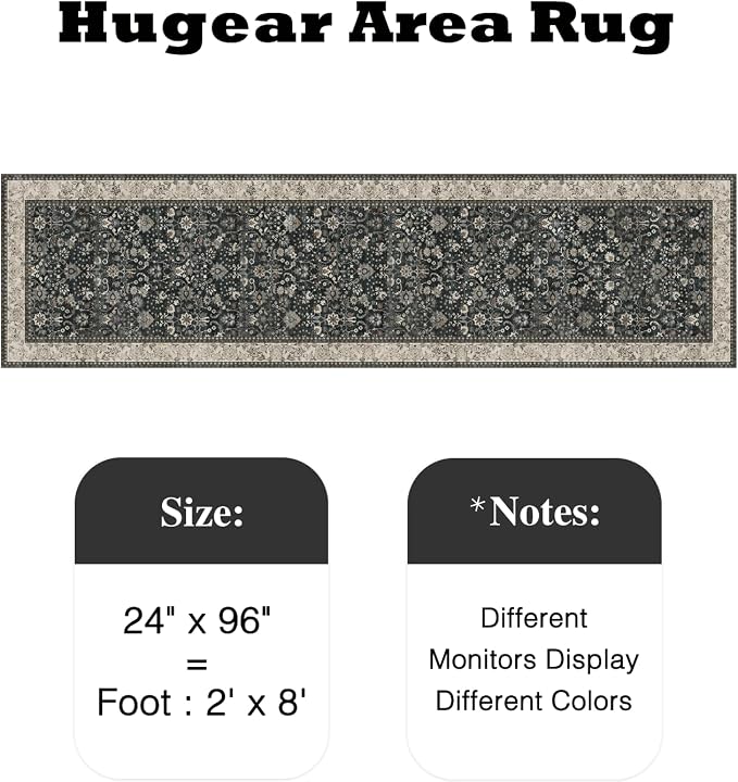 2x8 Black Beige Vintage Floral Washable Runner Rug - Image 2