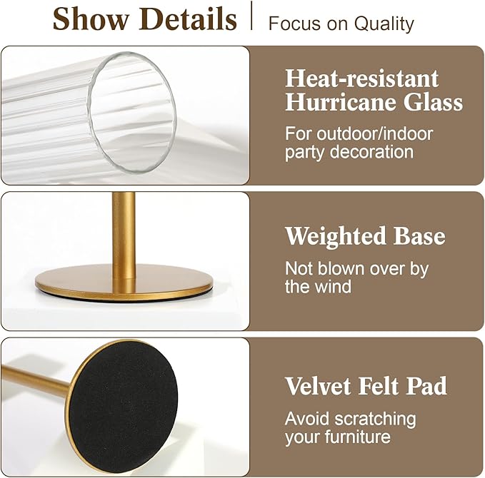Glass Hurricane Candle Holders Set (6pcs)-Gold Metal Base Taper Candle Stick Holders for Candlesticks Holder Decor, Elegant Dining Table Centerpiece for Wedding, Christmas & Home Decor-Ribbed Glass