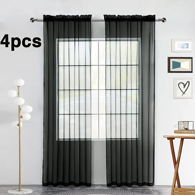 SpaceDresser Black Sheer Curtains 4 Panels Rod Pocket Semi-Sheer Curtain 84 - Image 2