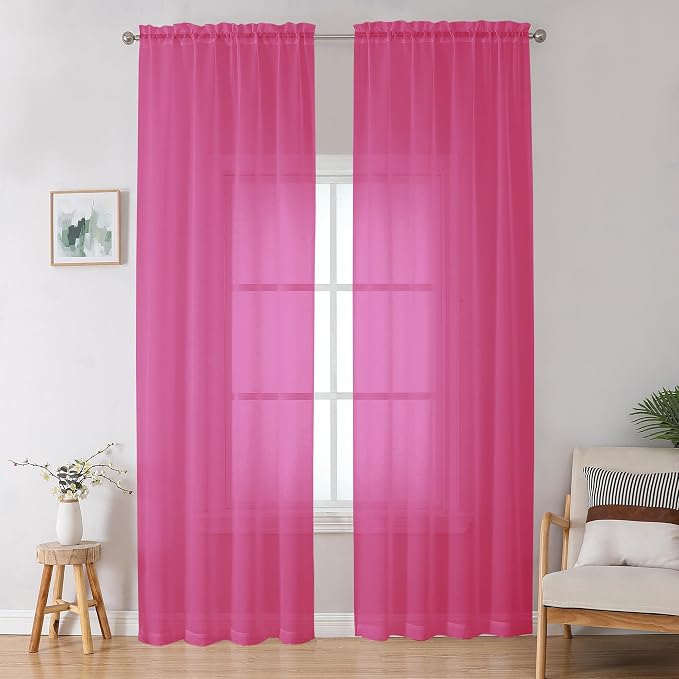 Hot Pink Sheer Curtains for Bedroom Living Room 96 Inches Long 2 Panels Set by OWENIE