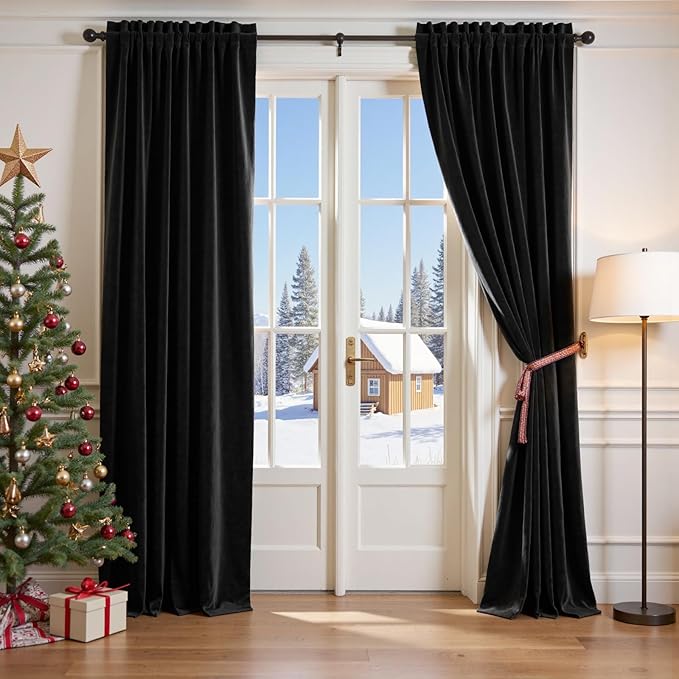 Lazzzy Velvet Blackout Curtains Thermal Insulated Room Window Drapes Super Soft Luxury Curtains for Living Room Bedroom Rod Pocket 2 Panels, Black, 52" W x 90" L