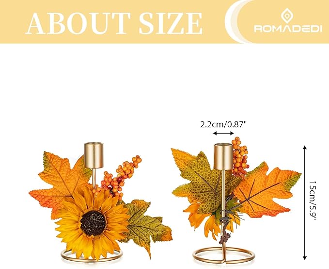 Romadedi Fall Candle Holder for Thanksgiving: Candlestick Holders Decor for Autumn Table Centerpiece Gold Party Decoration Indoor Kitchen Dining Fireplace Mantel Sunflower Maple Leaves Set of 4