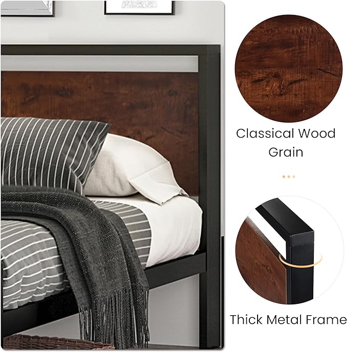 SHA CERLIN 14 Inch Full Size Metal Platform Bed Frame with Wooden Headboard and Footboard, Mattress Foundation, No Box Spring Needed, Large Under Bed Storage, Non-Slip Without Noise, Mahogany