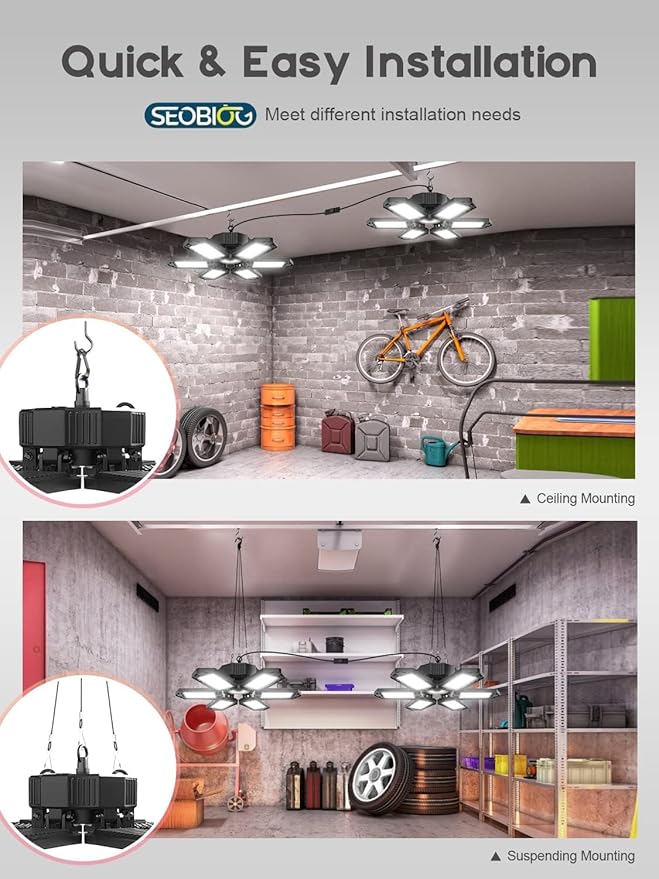 SEOBIOG LED Garage Lights 8 Pack, 200W 20000LM Plug in Linkable LED Shop Light, 6500K Ceiling Light Fixtures with 6+1 Deformable Panels for Garage, Work Bench (Built-in ON/Off Switch)
