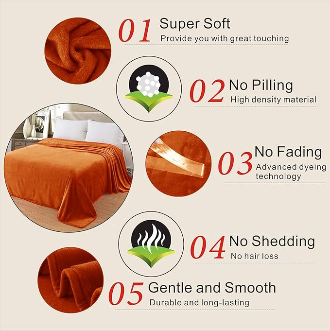 Fleece Blankets for All Season - Premium Lightweight Anti-Static Throw for King Size Bed Extra Soft Brush Fabric Warm Sofa Thermal Blanket 90" x 108"(Orange)