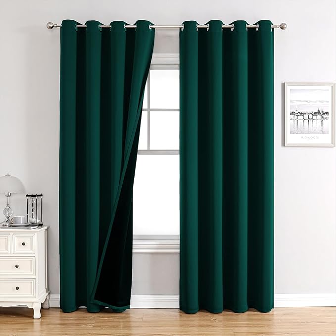 ChrisDowa 100% Blackout Curtains 80 inch Long for Bedroom with Black Liner, 2 Thick Layers Total Blackout Thermal Insulated Grommet Window Curtains 2 Panels Set (Forest Green, 52 x 80 Inch)
