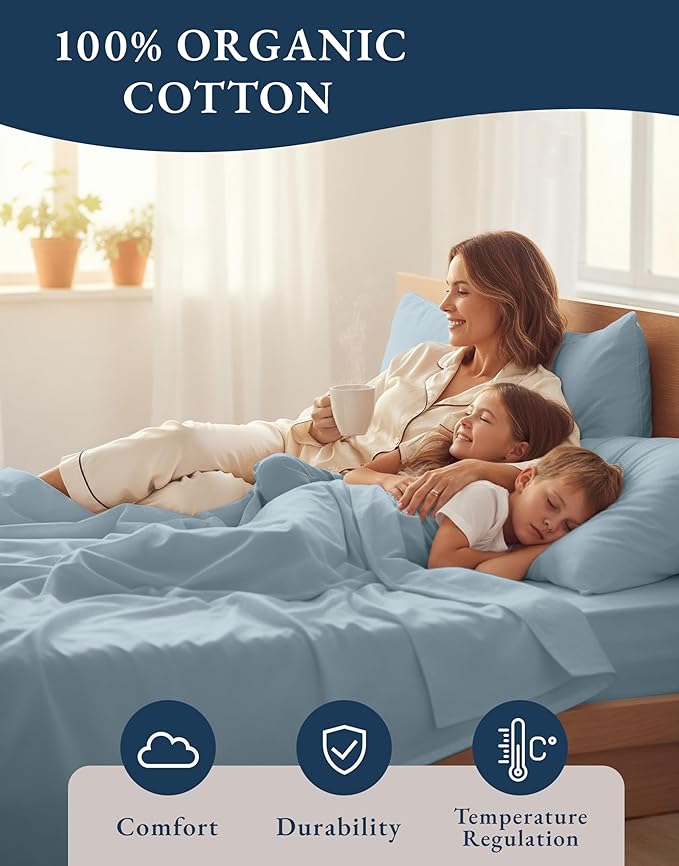 LANE LINEN 100% Organic Cotton Full Sheets Set 4-Piece Pure Percale Soft Bedding Breathable Fits Mattress Upto 15" Deep - French Blue