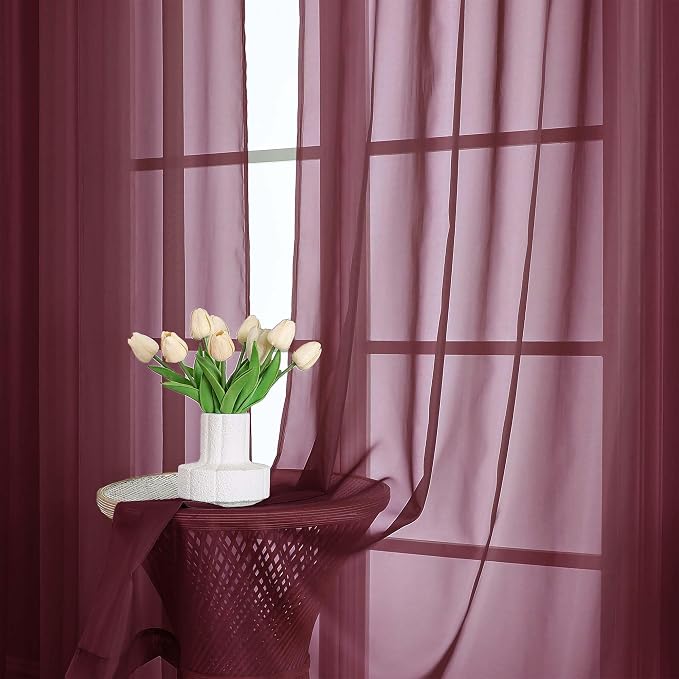 Burgundy Sheer Curtains 63 Inches Long 2 Panels Set, Light Filtering Sheer - Image 7