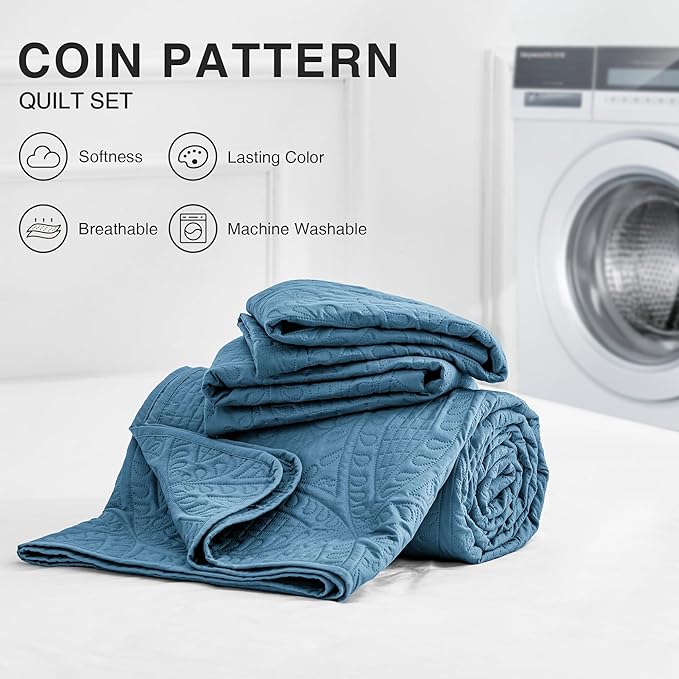 Love's cabin Twin Quilt Set Misty Blue Bedspreads Bedding Set - Soft Bed Lightweight Bedspread Comforter - Modern Style Coin Pattern Coverlet for All Season - 2 Pieces (1 Quilt, 1 Pillow Sham)