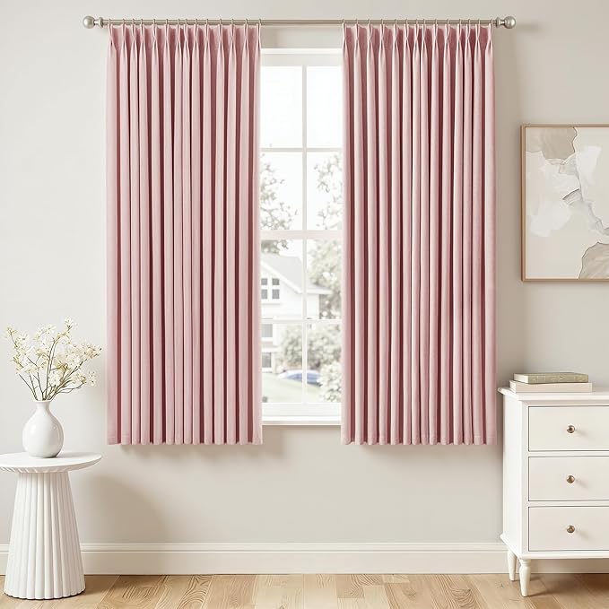 MIULEE Pink Pinch Pleated 100% Blackout Linen Curtains 40x63 Inches | Room by MIULEE