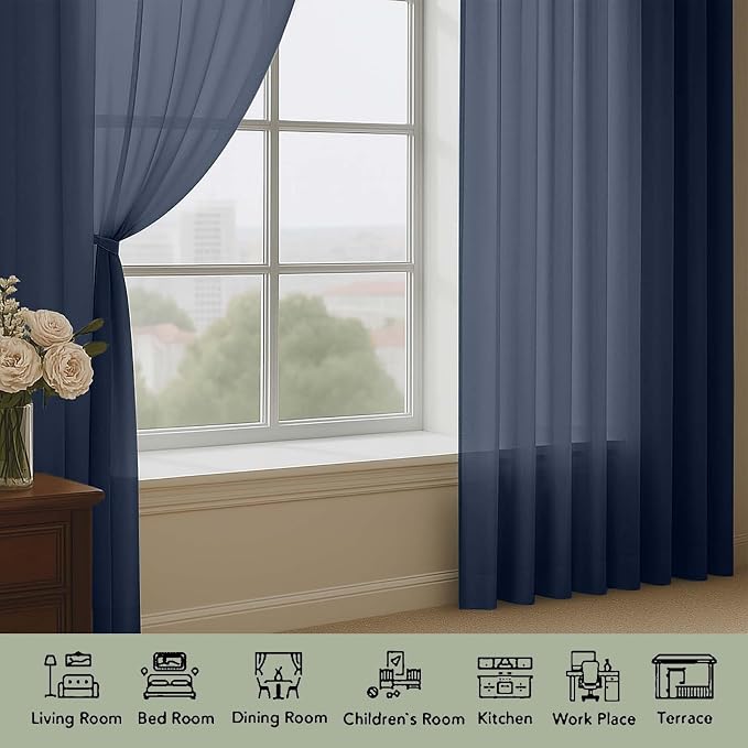 Sheer Navy Blue Curtains, Sheer Curtains 63 inch Length 2 Panels Set, Rod - Image 3