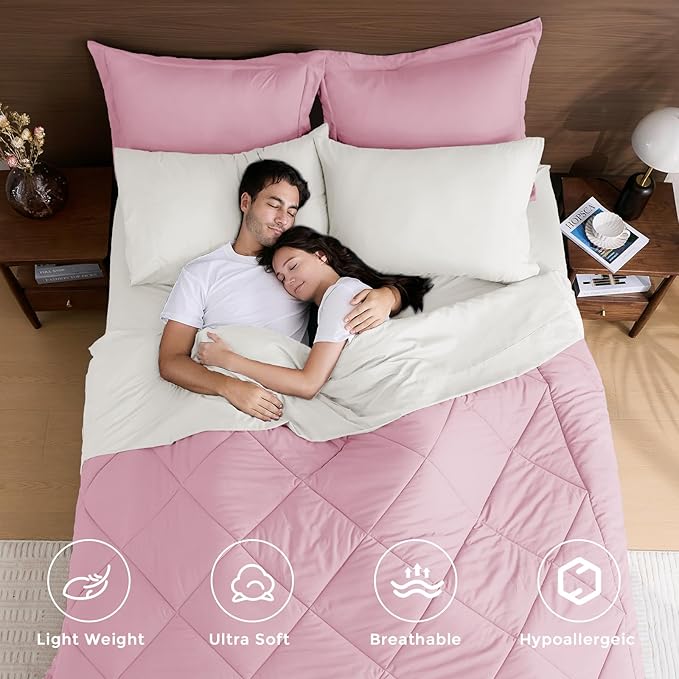 HEVUMYI Twin Comforter Set - 5-Piece All Season Bed in a Bag Twin, Ultra Soft Bedding Set with Comforter, Flat Sheet, Fitted Sheet, Pillowcases, Pillow Shams, Pink & Ivory