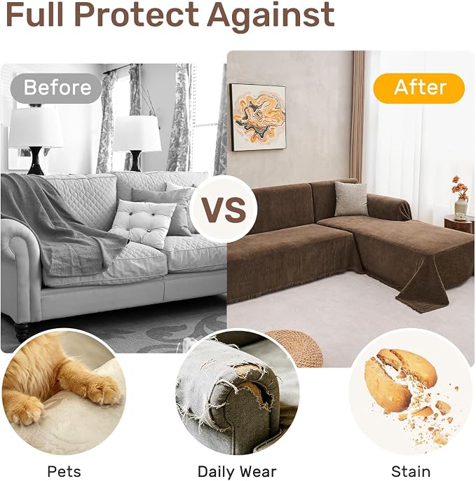 2 Pieces Sectional Couch Covers L Shaped Cover XL Coffee | Thick Washable Fabric - Image 4