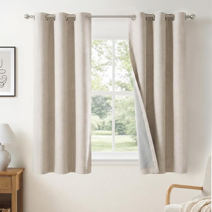 100% Blackout Linen Textured Short Small Curtains by 100BlackoutShield