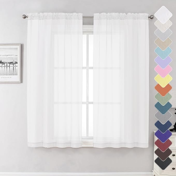 White Sheer Curtains 63 Inch Length 2 Panels Set, Elegant Voile White Curtains by Lecloud