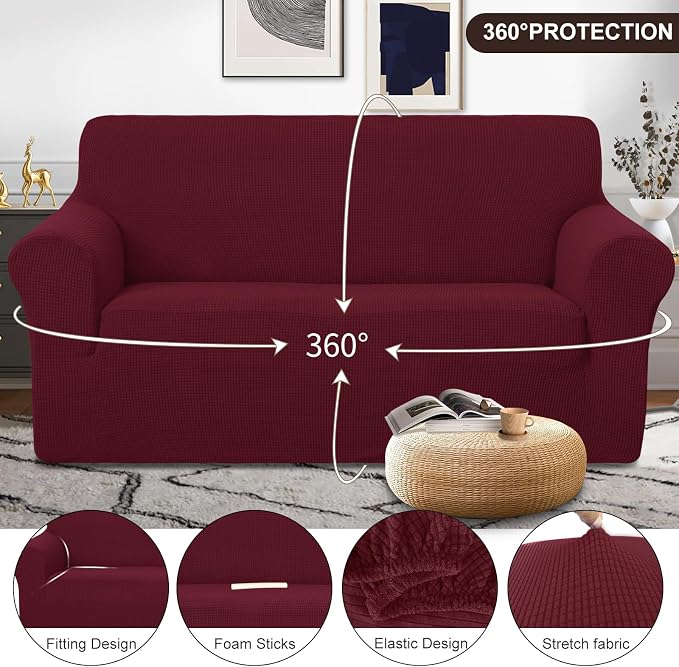U-NICE HOME Loveseat Cover Stretch Couch Cover Sofa Slipcover, Burgundy | 2 - Image 3