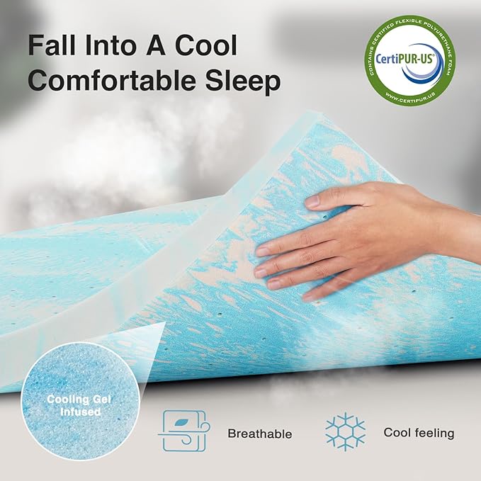 Novilla Memory Foam Mattress Topper Twin XL - 2 Inch Cooling Gel Infused Memory Foam | Slow-Rebound Pressure Relief | CertiPUR Certified | Comfort for Sleeper Sofa, RV, Camper, Dorm Room