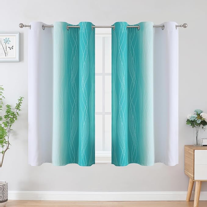 Teal and Grayish White Ombre Blackout Curtains - Image 2