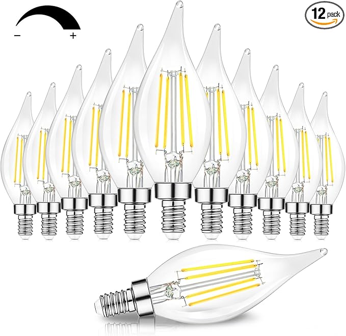 TOBUSA Dimmable E12 Candelabra LED Bulbs 60 Watt Incandescent Equivalent, 5000K Daylight White, Clear Filament Chandelier Light Bulbs 6W, 600lm, CA11 Vintage Ceiling Fan Light Bulbs with Flame Tip