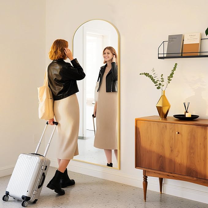 DUMOS Arched Wall-Mounted Full Length Mirror 60"x16" for Bedroom, Full Body Floor Mirror with Stand, Hanging or Leaning for Wall, Gold