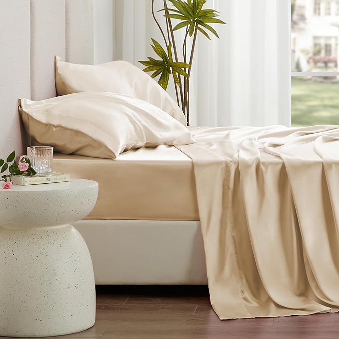Love's cabin Satin King Sheet Sets - 4 Piece Beige Silky Sheets King Size Bed Set with Deep Pocket, Luxury Silk Feel King Size Satin Sheet Set (1 Flat Sheet,1 Fitted Sheet,2 Pillow Cases)