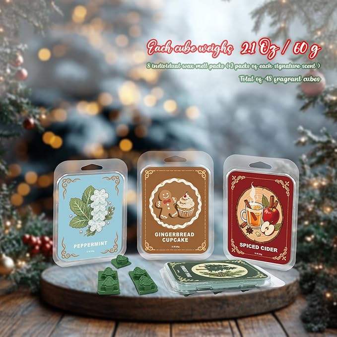 Winter Scented Wax Melts,Christmas Soy Wax Melts for Wax Warmer,Strong Mix Fragrance,Forest Pine,Spiced Cider,Gingerbread Cupcake,Snowflake Peppermint Candle Melts Decor Gift,2.1oz(8 Pack)