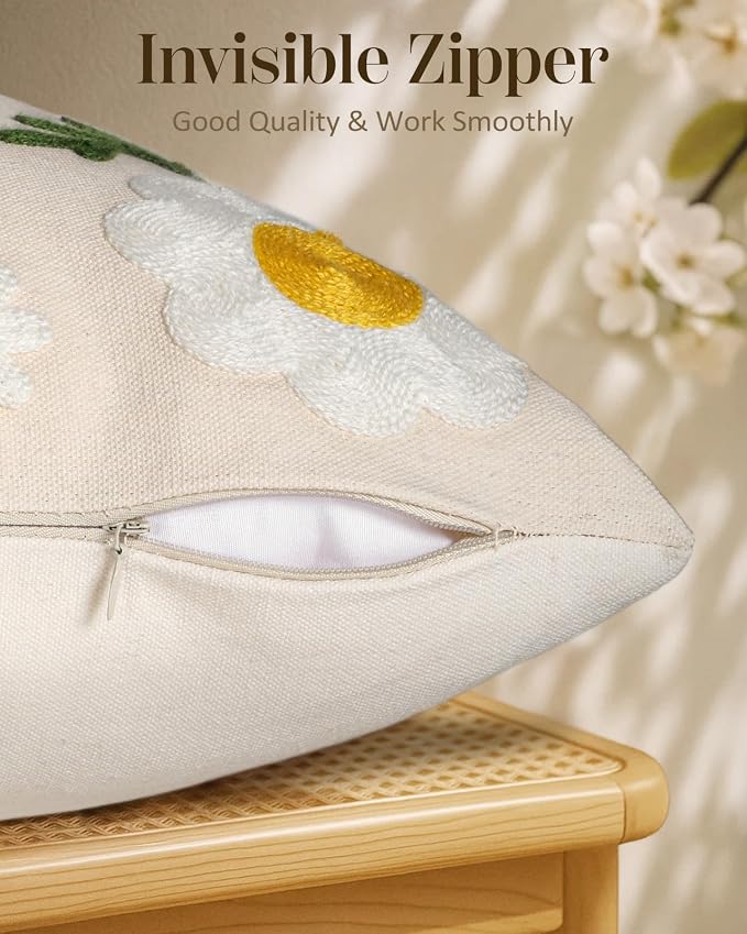 Embroidered Throw Pillow Cover 18x18 Inch, Flower Bee | Decorative Pillow Cover - Image 3