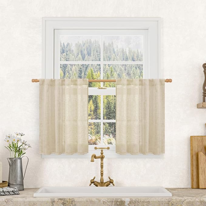 Kitchen Semi Sheer Linen Curtains 24 Inch Length by LAMIT