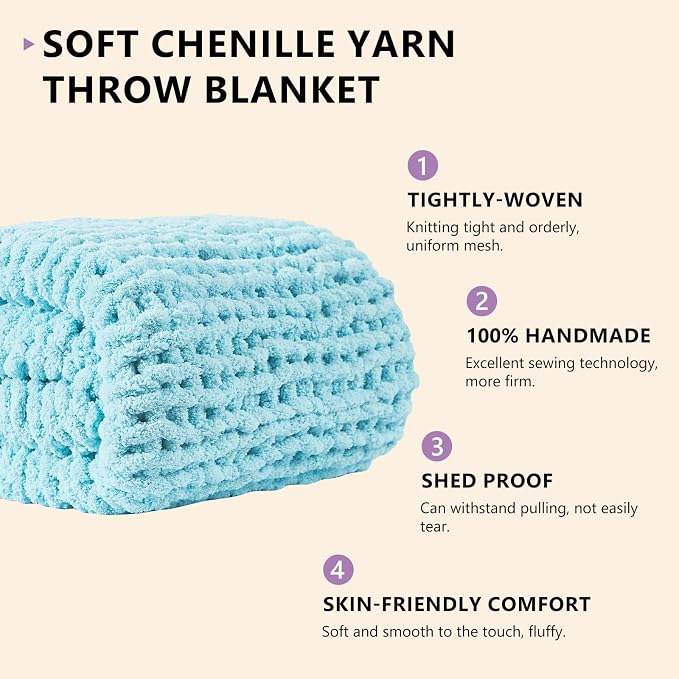 L'AGRATY Chenille Chunky Knit Blanket, Light Blue, Heavyweight Throw Blanket - Image 2