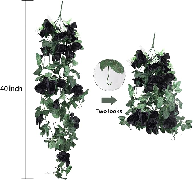 RECUTMS Hanging Flowers Black Artificial Rose Flower 2PCS 3.3Ft for Outdoors with 30 LED Fairy String Lights Fake Indoor Wall Wedding (Black)