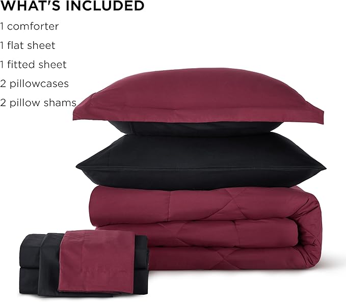Bedsure Queen Comforter Set - 7 Pieces Reversible Burgundy and Black Bedding, Queen Size Bed Set for All Seasons, Bed in a Bag with Down Alternative Comforter, Sheets, Pillowcases & Shams