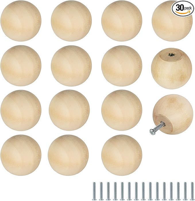 FoDau770 30pcs Unfinished Wood Knobs, Round Ball Cabinet Knobs Vintage Drawer Pulls, Natural Wooden Cabinet Hardware for Furniture Drawer Dresser Wardrobe Cupboard - 1-1/2" Diameter