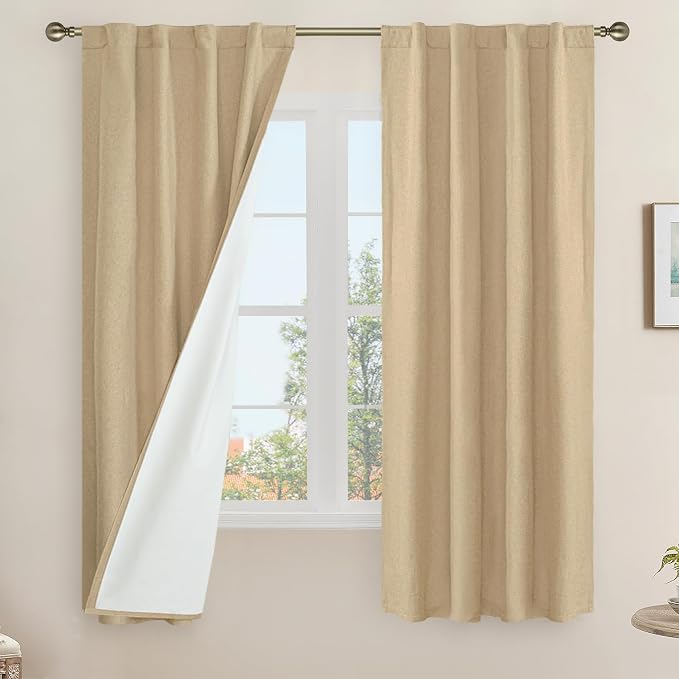 Natural 100% Blackout Linen Curtains 63 Inches by LAMIT