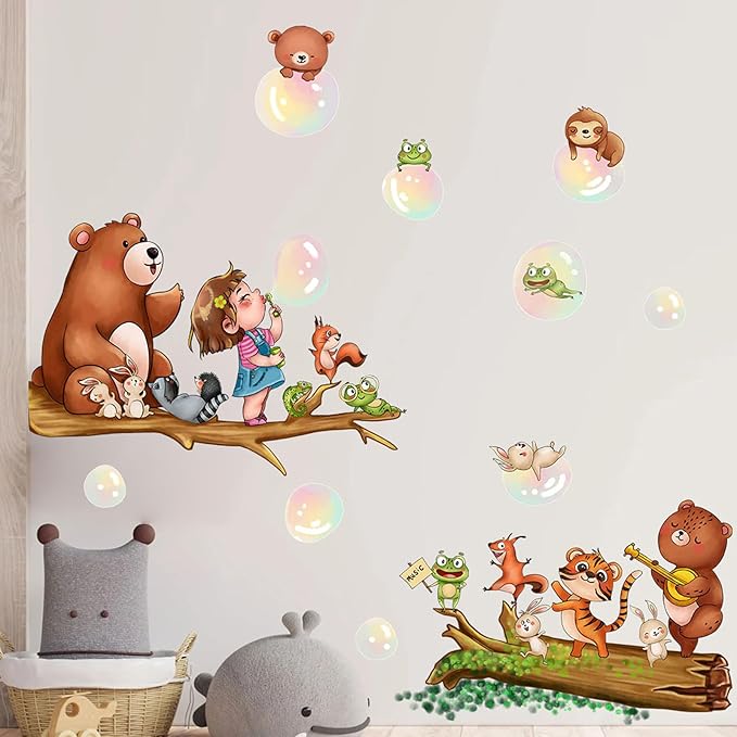 Cute Animal Wall Stickers Decals Kid Room Nursery Baby Bedroom Décor (Girl Blowing Bubbles)