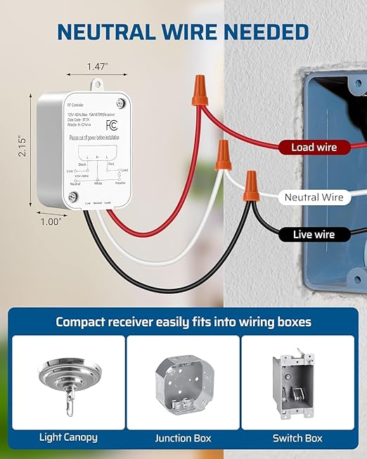 DEWENWILS Wireless Light Switch and Receiver Kit, 15A High Power, No Wiring, 100FT RF Range, 3 Way Remote Control Wall Switches for Lamps, Ceiling Lights, Fans, 2 Transmitter+1 Receiver