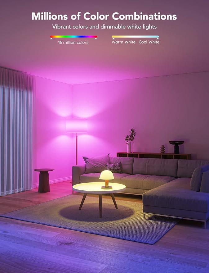 Govee LED Smart Light Bulbs, 1000LM Color Changing Light Bulb, Wi-Fi & Bluetooth Light Bulbs, Work with Alexa and Google Assistant, Dimmable RGBWW A19 75W Equivalent Smart Bulbs, 8 Pack