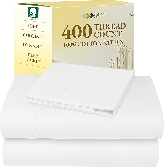 California Design Den Twin XL Sheet Sets - 100% Cotton Sheets, 400 Thread Count Sateen, Deep Pockets, Cooling and Durable Bedding for Dorm Rooms & Adults - Antique White