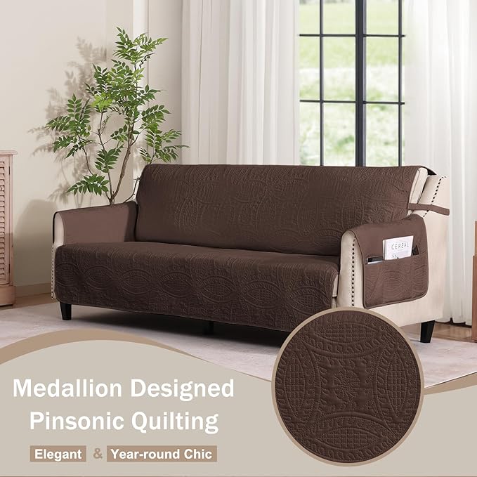Quilted Sofa Slipcovers with Pockets, Medallion Designed Anti-Slip Couch Covers - Image 2