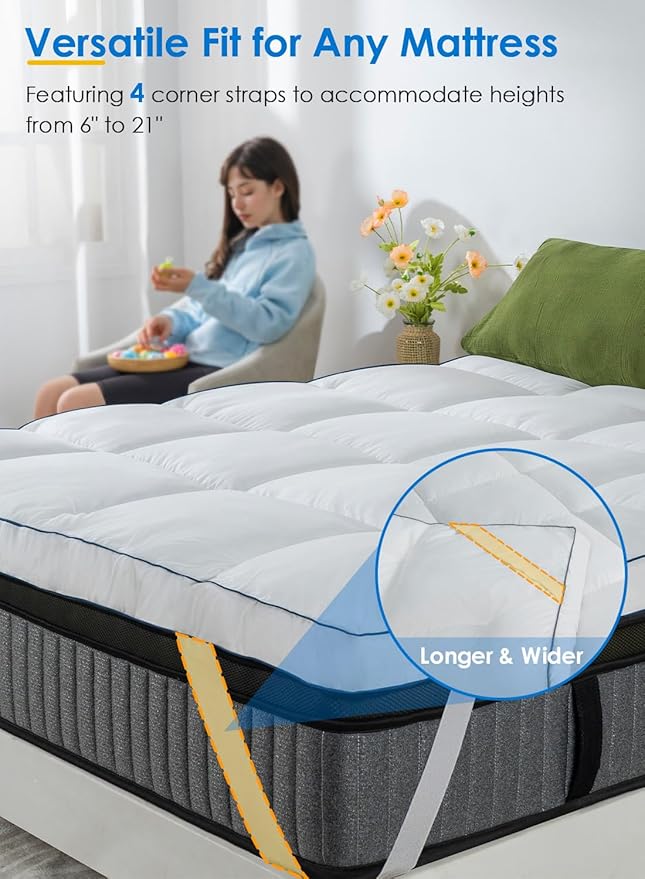 QUEEN ROSE Mattress Topper Twin Size, Pillow Top Extra Thick Mattress Pad, Soft Baffle Box Overfilled Down Alternative for Back Pain, 4 Corner Straps, White
