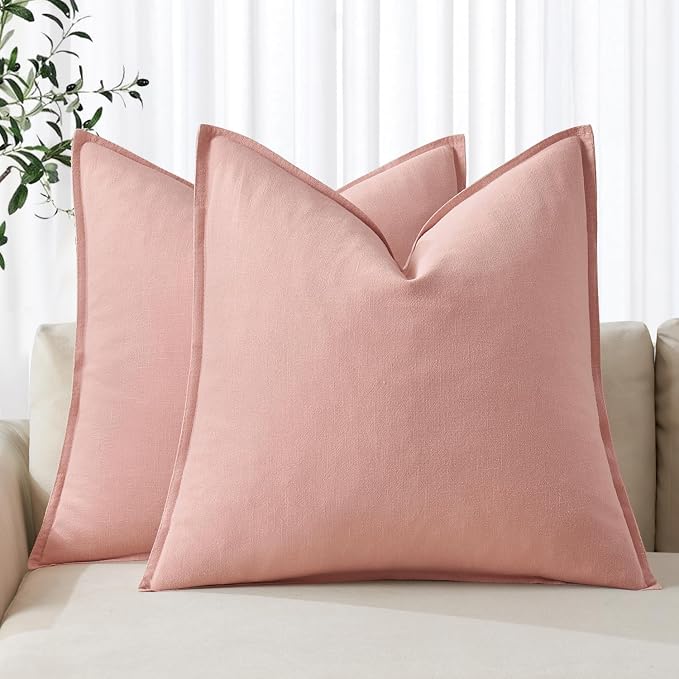 MIULEE Decorative Linen Pillow Covers 20x20 Inch Pink | Boho Farmhouse​ by MIULEE