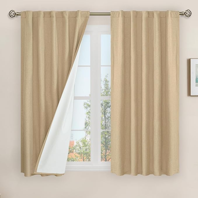 Natural 100% Blackout Linen Curtains 54 Inches by LAMIT