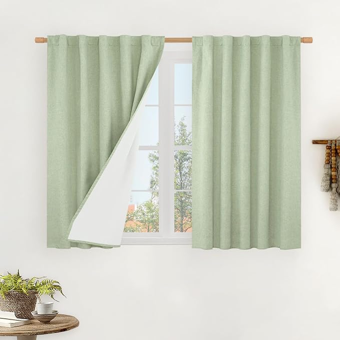 100% Blackout Linen Curtains for Cafe 40 Inch Length 2 Panels | Light Green by LAMIT