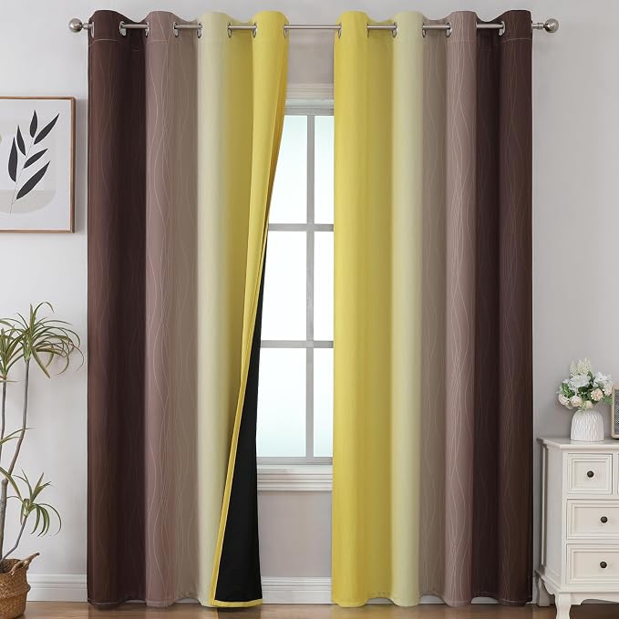 Brown and Yellow Blackout Curtains 52Wx84L Inch 2 Panels | Thermal Insulated by ESTELARTEXTILER